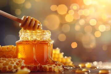 Honey dipper on honeycomb background Honey in jar with wax - obrazy, fototapety, plakaty