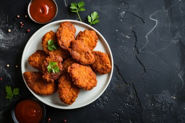 Indian non vegetarian snack consisting of fried veal mutton or fish with tomato sauce served on a white plate against a dark background typically eaten during tea