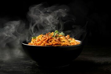 Indo Chinese Schezwan Noodles in black bowl with udon noodles vegetables and spicy sauce - obrazy, fototapety, plakaty