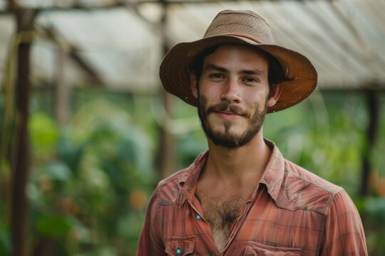 Image of a farmhand in a casual shirt and hat