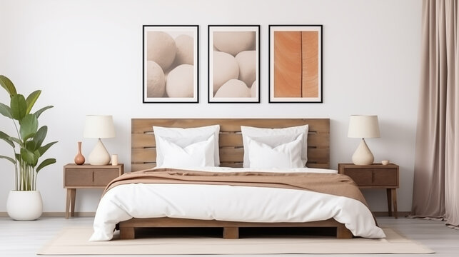 Fototapeta  Mockup - obraz na ścianie. Jasna przytulna sypialnia w stylu boho lub skandynawskim. Brązowe i białe kolory wystroju wnętrza i dodatków. Render 3d. Wizualizacja