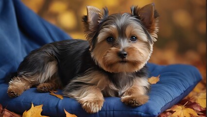 Portrait of funny cute puppy Yorkshire Terrier in the autumn park on colorful bright fallen maple leaves	
