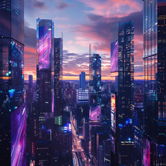 Cyber Dusk: Holographic Skylines in the Futuristic Metropolis  at dusk, with holographic billboards illuminating the sky 