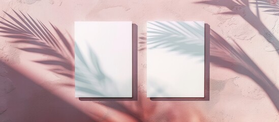 A palm tree casts a shadow on a wall in a flat lay top view, with two blank white poster mockups against a pastel pink concrete backdrop.