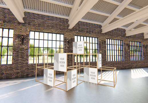 Industrial Exhibition Gallery and Art Wooden Installation Mockup with 6 Square Image Placeholders