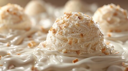 Close-up of creamy and refreshing texture of coconut ice cream with small pieces of the fruit. Juicy pieces of coconut from an irresistible ice cream. - obrazy, fototapety, plakaty