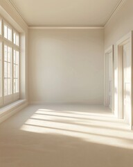 Empty room with sunlight streaming through windows with open doors
