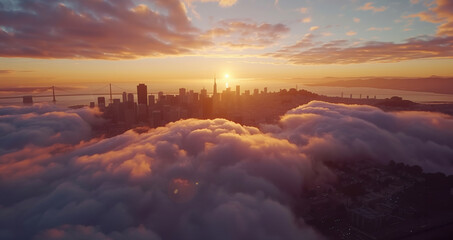 A Breathtaking View of San Francisco Shrouded in Mist at Sunrise - Generative AI. - obrazy, fototapety, plakaty