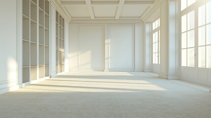 Spacious empty room with large windows and natural light illuminating elegant interior