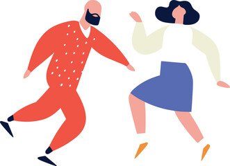 Bald man in red and woman with black hair, blue skirt dancing. Happy couple enjoying dance moves. Joyful dance and energetic movement vector illustration.