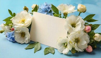 Composition with blank card and delicate flowers on blue background 