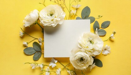 Composition with blank card and delicate flowers on yellow background
