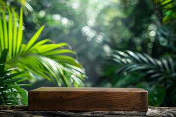 Jungle summer concept featuring wooden tabletop podium in a green tropical forest