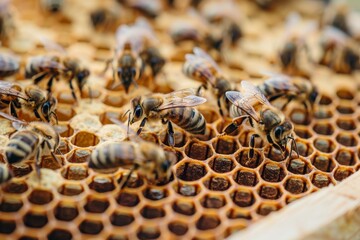 late summer apiary with honey bees on honeycomb