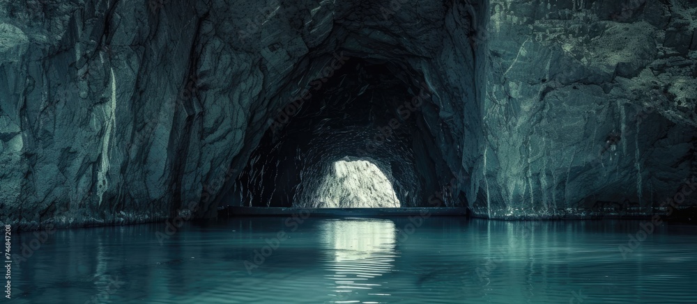 Poster a dark cave is illuminated by a distant light at the end of the tunnel, creating a mysterious and ee