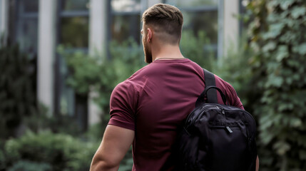Rearview of the muscular and handsome young Caucasian man, fit guy wearing a t shirt and a backpack, walking towards the gym to workout or train indoors for strength