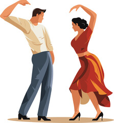 Hispanic couple dancing salsa together, man in casual attire, woman in red dress. Latin American dance partners, joyful expression. Salsa dancers and cultural celebration vector illustration.