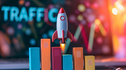 Rocket flying over the colorful graphs and charts representing SEO, or search engine optimization and traffic, empty office interior. Website ranking online, statistics and analytics, success boost - obrazy, fototapety, plakaty