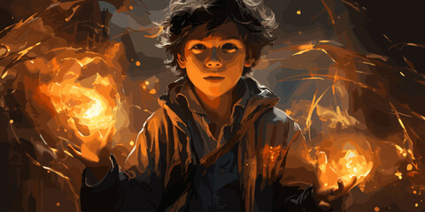 Fantasy scene of the young boy released magical power, digital art style, illustration painting