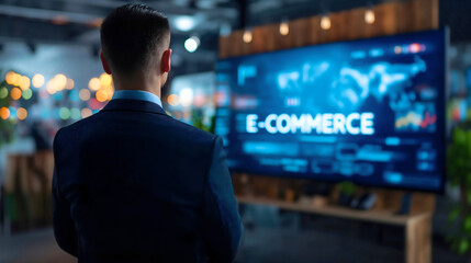 Fototapeta premium Rearview of the businessman wearing an elegant suit and looking at the large monitor or TV display screen for e-commerce business. Standing in office interior, product network, marketing strategy