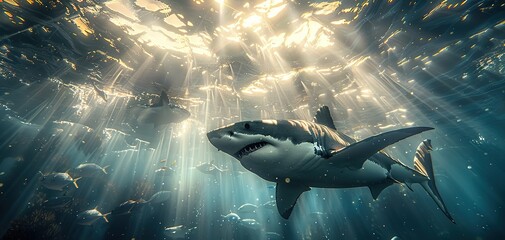 Great white shark with its main four fins swimming under sun rays in the blue Pacific Ocean - obrazy, fototapety, plakaty
