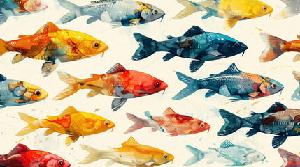 Obraz premium A poster design shows lots of vibrant colorful fish in various colors. In the style of pattern-based painting.