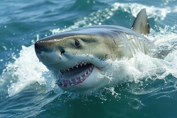 Fototapeta premium A plus four meter great white shark jumping out of the water with an open mouth full of teeth