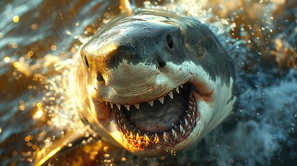 A very scary white shark with an open mouth in the ocean. A cinematic attack