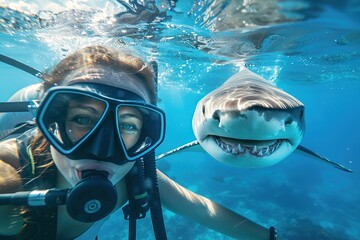 Underwater selfie with friend. Scuba diver and shark in deep sea