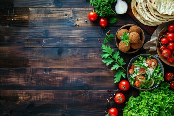 Middle Eastern dishes like falafel hummus tabouleh pita and vegetables on wooden background top view