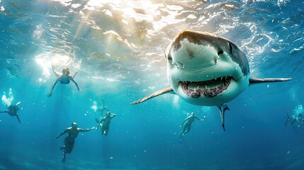 Huge Great White Shark swimming near tourists on the beach