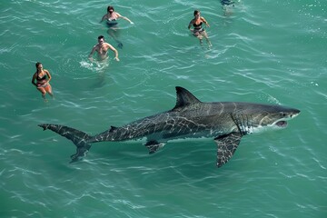 Fototapeta premium Huge Great White Shark swimming near tourists on the beach