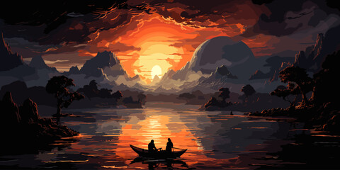 fantasy world scenery showing a boy rowing a boat in the land of volcanic, digital art style, illustration painting - obrazy, fototapety, plakaty