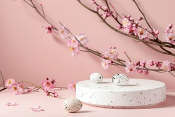 Minimal concept advertising template banner featuring an empty white podium with Easter quail eggs spring flowers and a pink background creating a