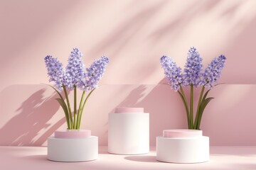 Mockup with white podiums hyacinth flowers and pastel pink background for cosmetic product showcasing