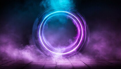 Sci Fi modern. Futuristic smoke. Neon color geometric circle on a dark background. Round mystical portal