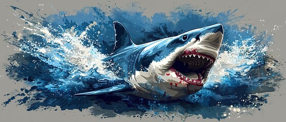 Great white shark with open mouth with a splash of water. Watch out sharks. Shark attack.