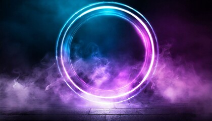 Sci Fi modern. Futuristic smoke. Neon color geometric circle on a dark background. Round mystical portal