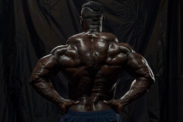 Fototapeta na wymiar Muscular bodybuilder displaying back muscles on dark background