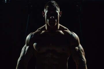 Muscular bodybuilder posing showcasing muscles on black backdrop - obrazy, fototapety, plakaty