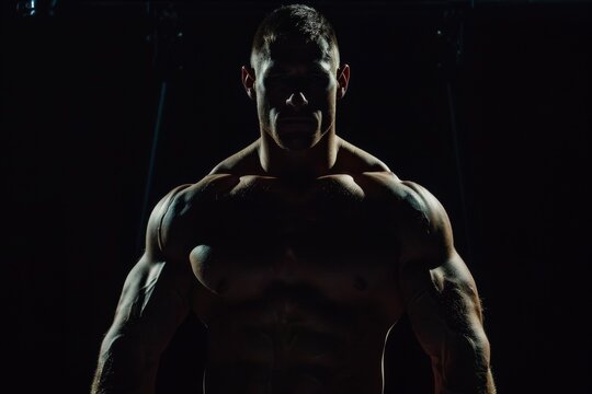 Muscular bodybuilder posing showcasing muscles on black backdrop