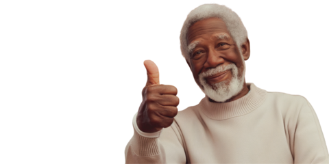 Aged good looking smiling senior black grandpa with the thump up isolated on transparent background, retirement promo concept for old man