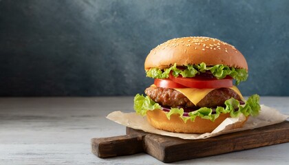 Fresh tasty meat free burger on wooden table. Copy space