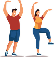Man woman doing stretching exercises. Male female workout together. Fitness couple exercising vector illustration