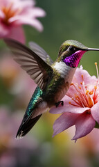 Fototapeta premium a hummingbird-like bird perched on a branch next to the flowers.