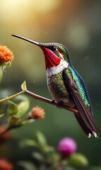 Obraz premium a hummingbird-like bird perched on a branch next to the flowers.