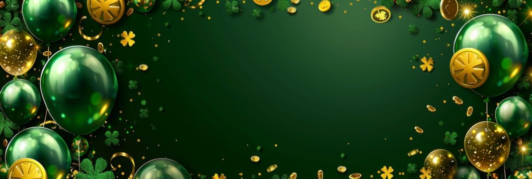 Stpatrick s day card with irish balloons, clover, gold coins on green background, space for text.