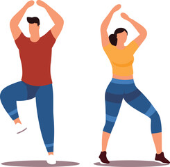 Man woman exercising together gym clothes, doing dance workout. People staying fit aerobics routine vector illustration. Healthy lifestyle, dance fitness, workout partners, gym session