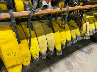 Fire Hoses on a Haning Rack Ready to be deployed by fire crews