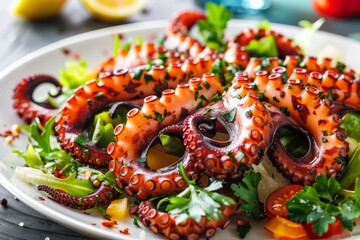 Octopus tentacles spiced and served alongside a salad